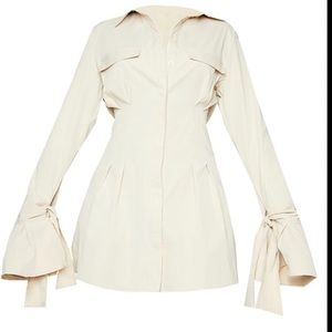 Stone Tie Cuff Detail Pleated Shirt Dress